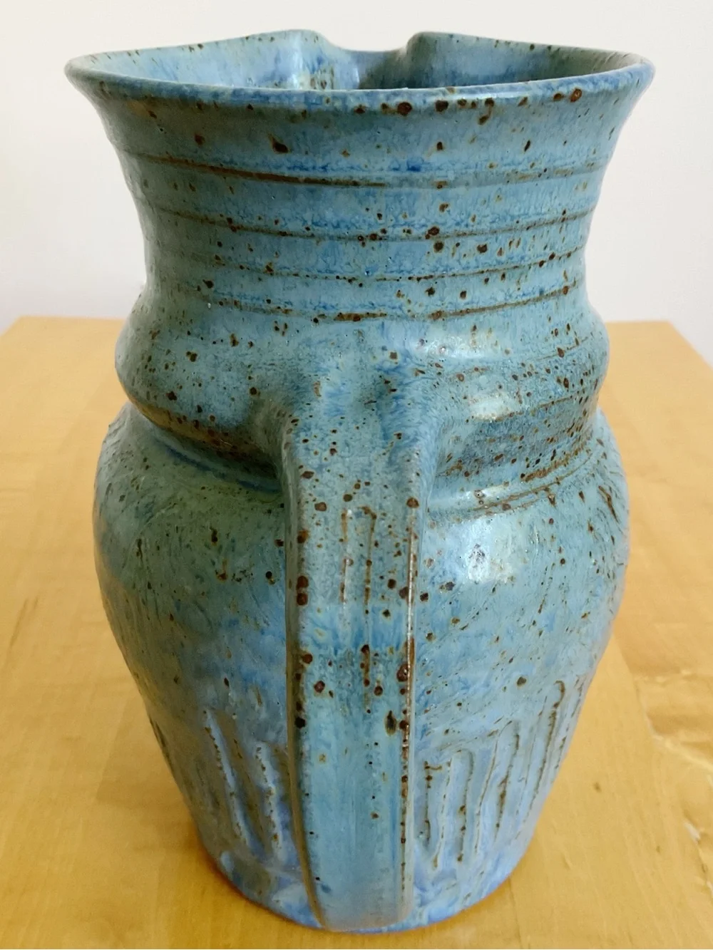 Signed Studio Art Pottery Pitcher Vase Blue Speckled Stoneware 8.25”